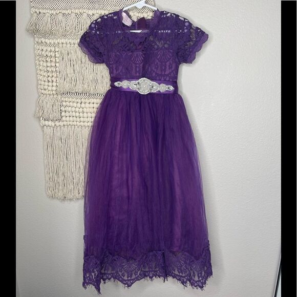 Purple Lace Flower Girl Dress Size 4 - Picture 2 of 9